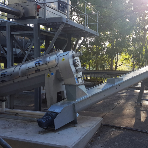 A small screw press and conveyor being used for dewatering DAF sludge at a meat processing plant
